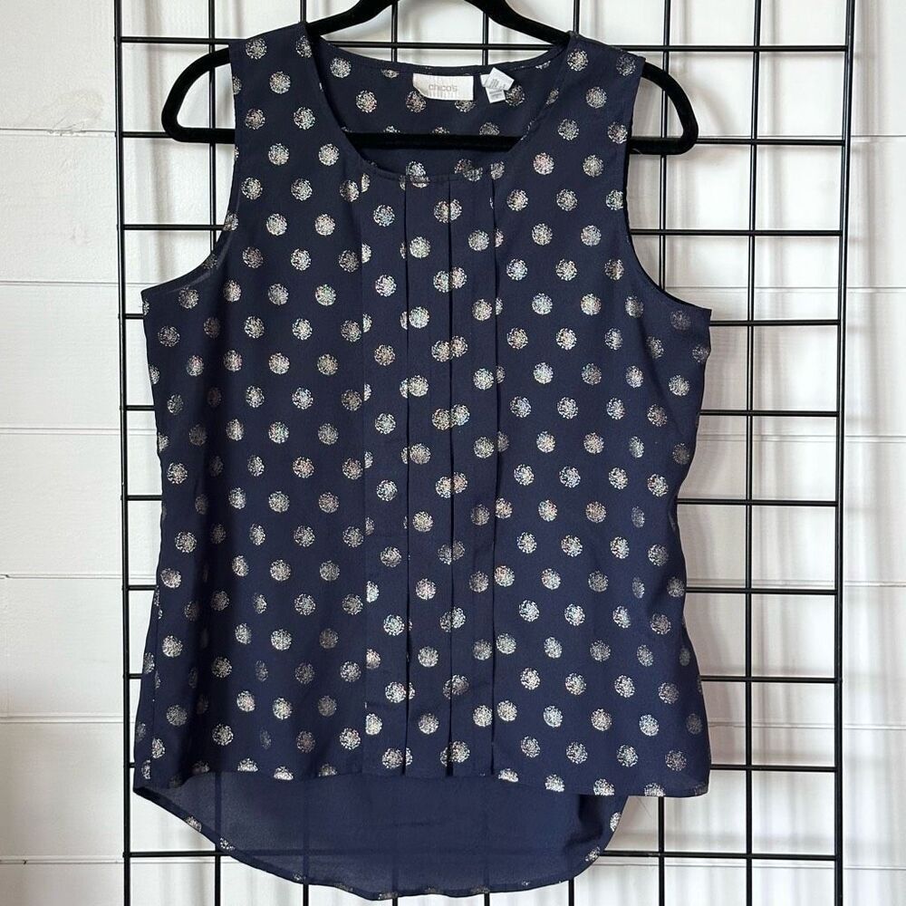 Chico's Sleeveless Blouse Womens 1 (M) Navy‎ Silver Dots High Low Hemline